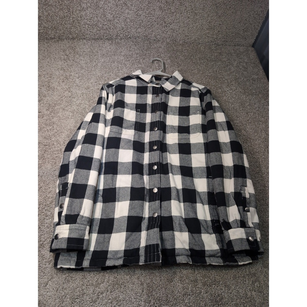 Duluth Trading Co Women L Quilted Flannel Shirt Jacket Black White Buffalo Plaid